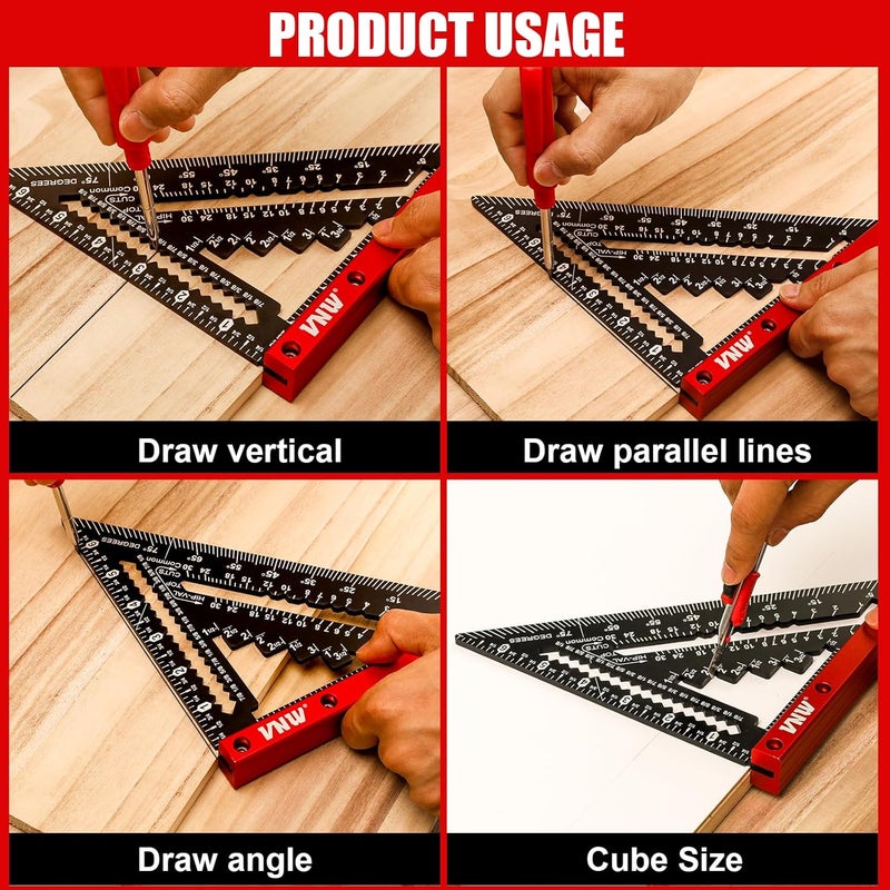 VNW 7inch Rafter Square with Carpenter Pencil, 1/8" Precision Heavy Duty Aluminum Woodworking Rule,Triangle Ruler Measuring Layout Tool (Black, Rafter Square with Bag) - Image 5